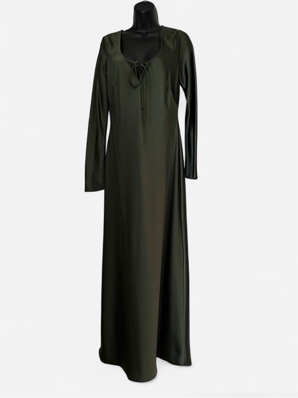 Gianni Bini Dark Olive Long-Sleeve Maxi Tie-Neck Satin Dress